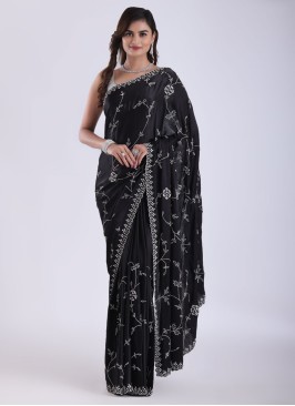 Black Designer Crepe Chiffon Saree