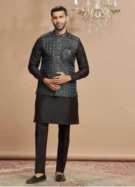 Black Embroidered Art Silk Nehru Jacket Set