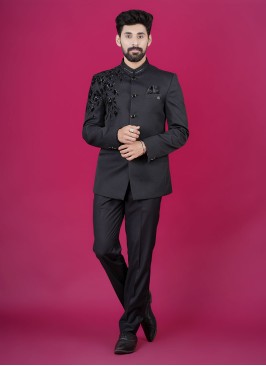 Black Embroidered Brocade Silk Jodhpuri Set