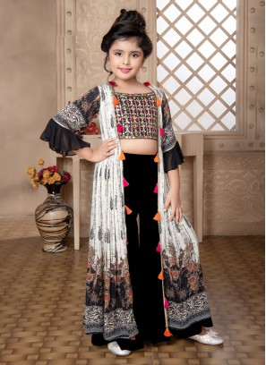 Black Embroidered Chiffon Palazzo Set With White Flared Jacket