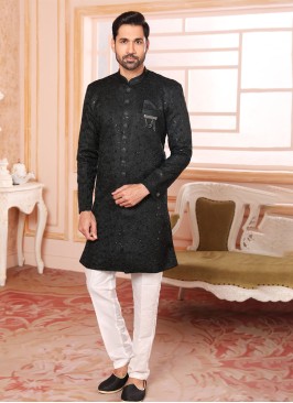 Black Embroidered Indowestern For Men