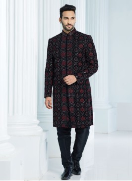 Black Embroidered Indowestern Set For Men