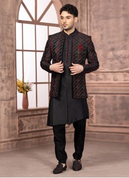 Black Embroidered Jacket Style Indowestern Set In Silk