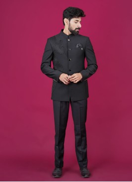 Black Embroidered Jodhpuri Suit For Men