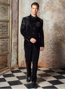 Black Embroidered Jodhpuri Suit In Velvet