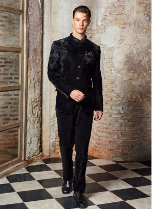 Black Embroidered Jodhpuri Suit In Velvet