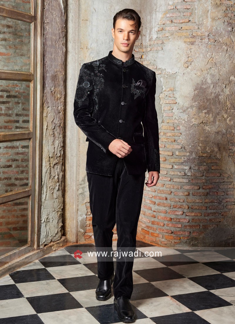 Black Embroidered Jodhpuri Suit In Velvet
