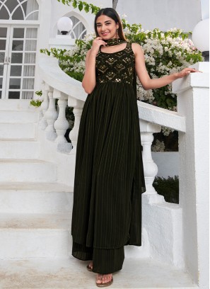 Dark Green Georgette Sequins Embellished Palazzo Suit