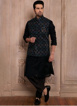 Black Embroidered Readymade Nehru Jacket Set For Men