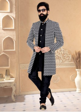 Black Embroidery Jacket Style Indowestern Set