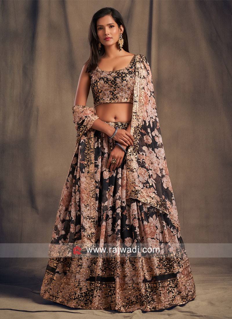 Blue Lycra Net Flared Floral Printed Lehenga with Sequins Work -...