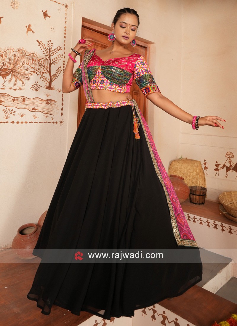 Black and Pink Embroidered Semi-stitched Lehenga & Unstitched Blouse With  Dupatta - Etsy