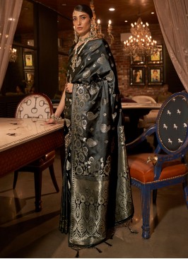 Stunning Black Handloom Silk Designer Saree