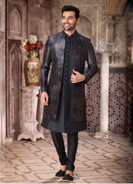 Black Jacket Style Indowestern In Art Silk