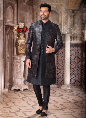 Black Jacket Style Indowestern In Art Silk