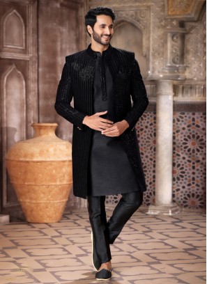 Black Jacket Style Indowestern In Velvet