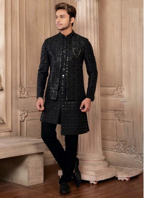 Black Jacket Style Indowestern Set For Groom