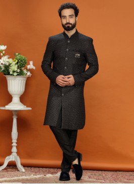 Black Jacket Style Indowestern Set For Groom