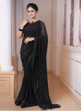 Black Lycra Net Saree In Sequins Embroidery