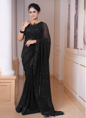 Black Lycra Net Saree In Sequins Embroidery