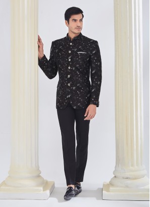 Black Mens Embroidered Designer Jodhpuri Suit