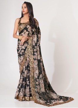 Black Organaza Designer Floral Print Saree