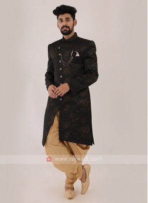 Black Printed Mens Indo-Western