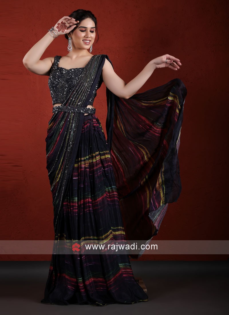 Black Ready to Wear Saree Online with Belt