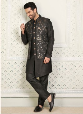 Black Readymade Sequins Embroidred Nehru Jacket Set