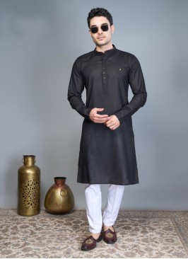 Black Redymade Kurta Pajama In Cotton Silk