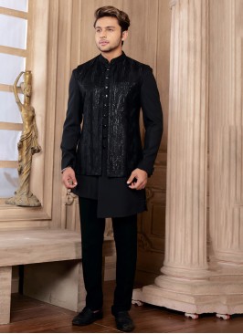 Black Sequins Embroidered Jacket Style Indowestern Set