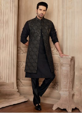 Black Sequins Embroidered Nehru Jacket Set