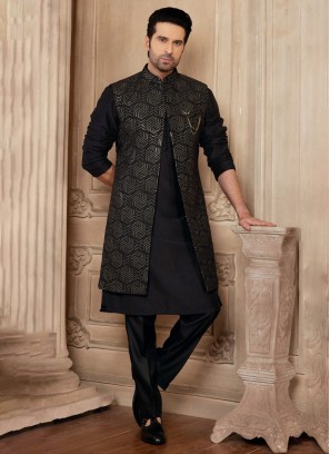 Black Sequins Embroidered Nehru Jacket Set