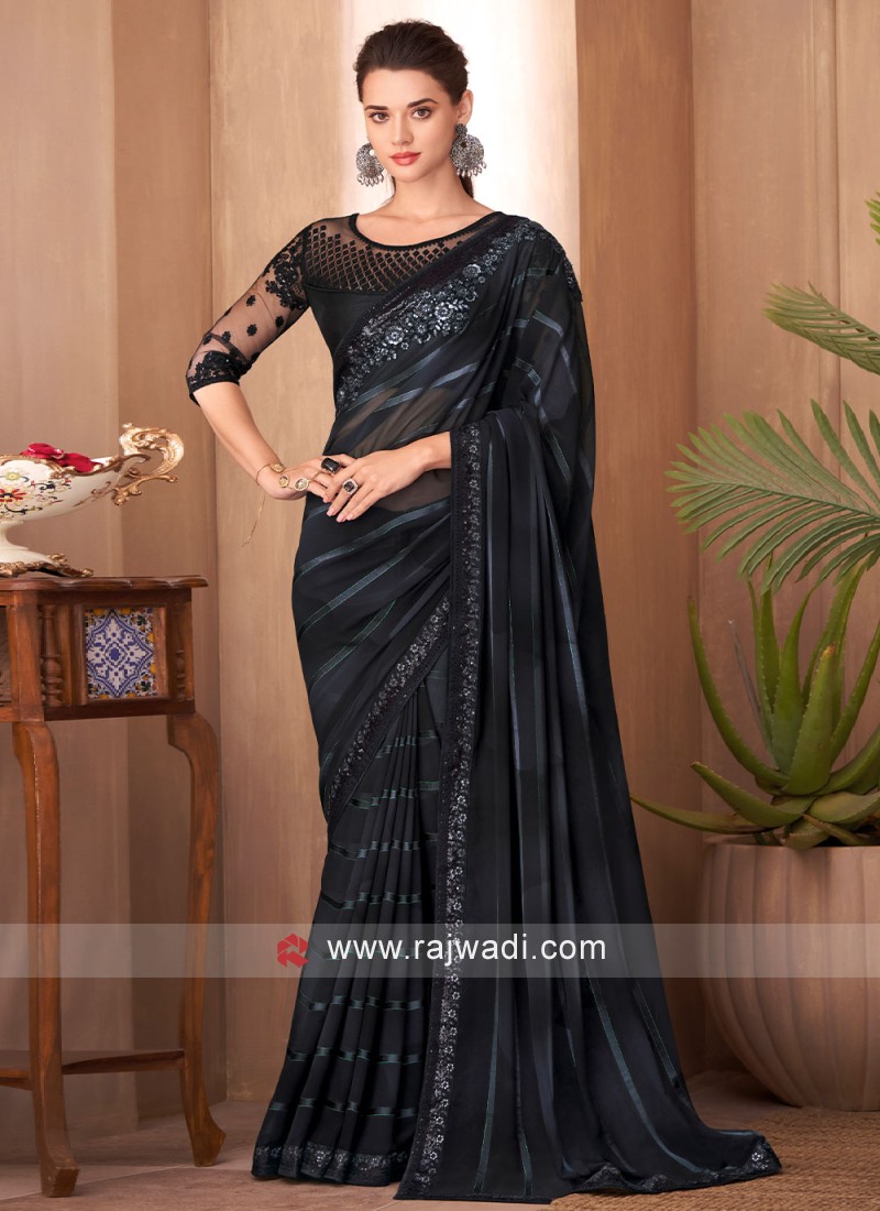 Buy Party Wear Black Shimmer Work Imported Sartin Silk Saree Online From  Surat Wholesale Shop.