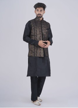 Black Silk Embroidered Nehru Jacket Set