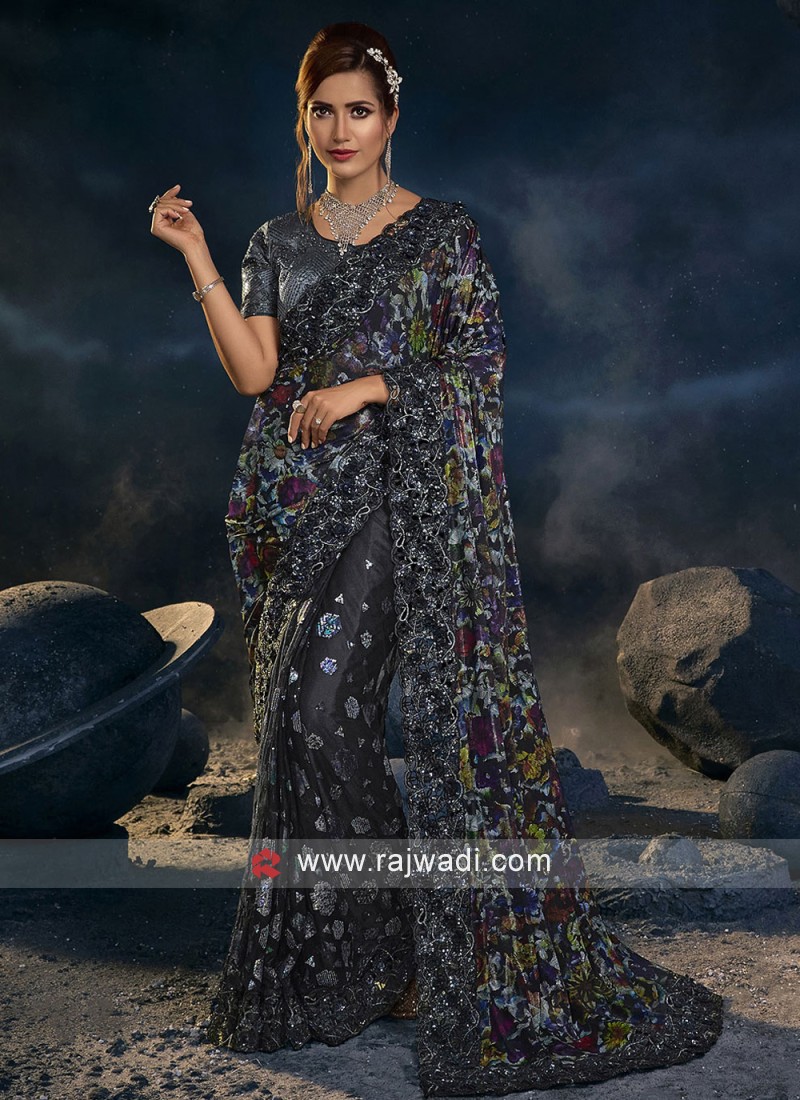 Buy Black Net Saree With Floral Threadwork And Unstitched Blouse Piece