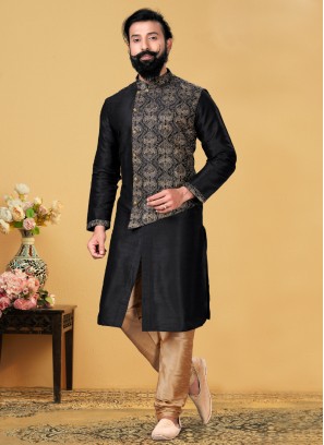 Black Thread Embroidered Indowestern Set