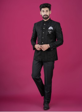 Black Thread Embroidered Jodhpuri Suit