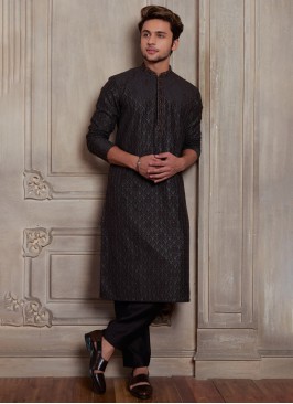 Black Thread Work Kurta Pajama For Men