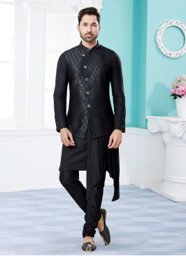 Black Weaving Embroidered Nehru Jacket Set