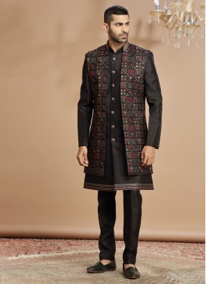 Black Wedding Wear Designer Nehru Jacket Set