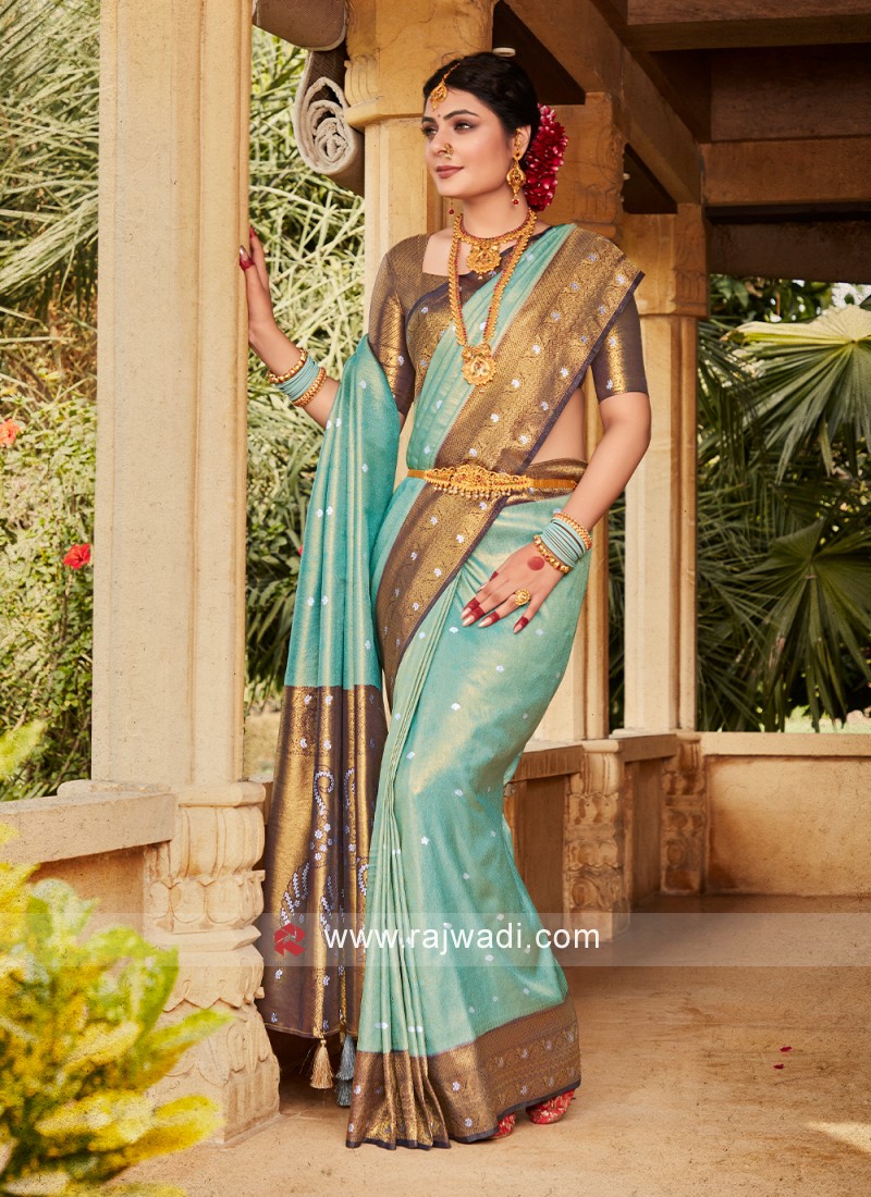 Light aqua Blue Pure Linen Banarasi Saree — The Handlooms