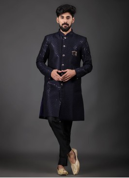 Blue And Black Art Silk Indowestern Set