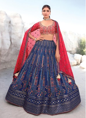 Blue And Crimson Chiffon Wedding Lehenga Choli