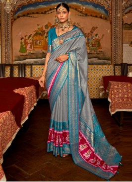 Blue and Grey Silk Designer Saree With Patola Print