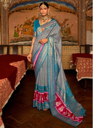 Blue and Grey Silk Designer Saree With Patola Print