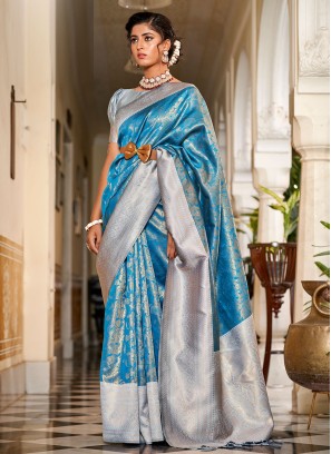 Blue and Grey Jacquard Work Banarasi Silk Saree