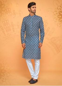 Blue And Off White Printed Cotton Silk Kurta Pajama