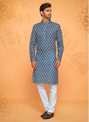 Blue And Off White Printed Cotton Silk Kurta Pajama