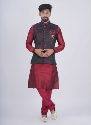 Blue And Red Mens Nehru Jacket Set